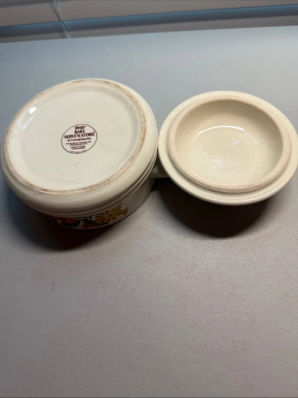 Vintage Capri Cream Stoneware Casserole Dish with Orange Floral Pattern